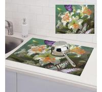 Lilies and Butterfly Dish Drying Mat for Kitchen Counter, Absorbent Microfiber Drainer Mats, Non-slip Kitchen Draining Mat for Coffee Machine Dish Rack Pad 24"x18" Dish Drainer Pad