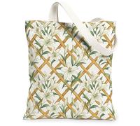 Lilies Canvas Tote Bag for Women, Floral Natural Lattice Green Leaves Spring White Washable Reusable Grocery Bags Ideas for Travel Work Shopping Bookstore 13x15 Inch