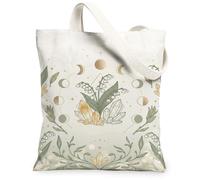 Lilies Canvas Tote Bag for Women, Nature Bohemian Crystal Leaf Spring Green Washable Reusable Aesthetic Tote Bags for Shopping Brunch Park Library Day Trips 13x15 Inch