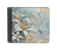 Lilies Flowers Dragonfly Bifold Wallet PU Leather Slim Purse Pocket Wallet with Card Holder for Office Travel