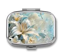 Lilies Flowers Dragonfly Travel Pill Organizer 2 Compartments Pill Case Pill Box Containers for Purse Pocket
