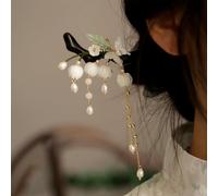 Lilies of the Valley Bell Orchid Pearl Tassel Hair Stick, Butterfly Flowers Hair Chopsticks Hairpin, Ancient Style Wooden Hair Accessories (White)