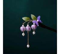 Lilies of the Valley Bell Orchid Pearl Tassel Hair Stick, Butterfly Flowers Hair Chopsticks Hairpin, Ancient Style Wooden Hair Accessories (Purple)