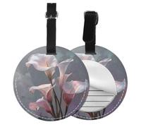 Lilies Round Luggage Tag 2PCS Pink Flower PU Leather Travel Bag Tag ID Labels Name Card Holder wtih Buckle for Luggage Suitcase Backpacks