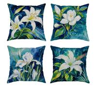 Lilies Throw Pillow Covers Set of 4, Floral Watercolor Magnolia Iris Spring Blue with Hidden Zipper Square Pillow Cases for Living Room Bed Office Sofa Chair Decor 18x18 Inch