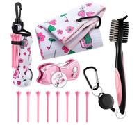 Liliful 13 Pcs Pink Golf Accessories Kit with Cute Pattern, Include Golf Ball Bag with Hook Towel Tees Magnetic Ball Marker Divot Tool Cleaner Brush for Women Girls Gifts