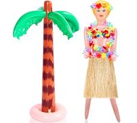 Liliful 2 Pcs Hawaiian Inflatable Blow up Doll Set 59'' No Moving Part Judy Doll Summer Inflatable Palm Tree Pool Raft Hula Skirt Bikini Top Costume(Grass Color)