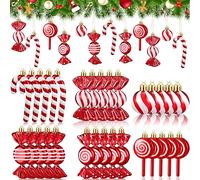 Liliful 30 Pcs Christmas Candy Ornament Set Plastic Peppermint Candy Cane Christmas Decorations Christmas Candy Lollipop Ornament Xmas Hanging Lollipop Pattern Decorations with Rope (Red White)