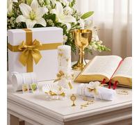 Liliful 7 Pcs White Baptism Candle Set Catholic Baptismal Candle Towel Rosary Necklace Shell Pin Pendant Christening Gift for Godparent Guest Favor Decoration First Holy Communion Gift (Fresh,Gold)