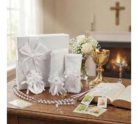 Liliful 7 Pcs White Baptism Candle Set First Communion Gifts Catholic Baptismal Candle Towel Rosary Necklace Shell Pin Pendant for Godparents Guests Favor Decoration Christening First Holy Communion