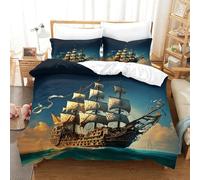 LILIlaobiao 3D Pirate Boat Print Duvet Cover for Kids & Adults, Hypoallergenic Sailboat Bedding Set King（220x240cm） Microfiber Comforter, Skin-friendly Quilt Cover with Zipper