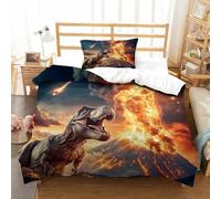 LILIlaobiao Dinosaur Pattern Bedding Set Single（135x200cm）, 3D Printed T-Rex Eruption Quilt Cover with Zipper Closure, Comforter Cover with Pillowcase Duvet Cover for Kids & Adults