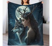LILIlaobiao Extra Large Soft Fleece Gray Wolf & Girl Throw Blanket, 70x80inch(180x200cm) Stylish Full Moon Printed Throw Blankets for Couch, Fuzzy Cozy Lightweight for All Season