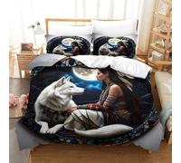 LILIlaobiao Hypoallergenic Bedding Set Native American, Cozy Bedspread 3D Printed Mossigan Wolf Full Moon Quilt Cover Double（200x200cm）, Microfiber Duvet Cover for Kids & Adults with Pillowcase