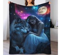 LILIlaobiao Large Soft Fleece Gray Wolf & Girl Throw Blankets 80x90inch(200x230cm), Starlit Sky Stylish Design Throw Blanket for Couch, Fuzzy Cozy Lightweight for All Season