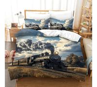 LILIlaobiao Luxe Steam Train Duvet Cover Washable Bedding Set, 3D Printed 3Pcs Choochoo Pattern Quilt Cover Set for Home Textiles Decor Double（200x200cm）