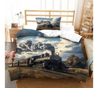 LILIlaobiao Steam Train Bedding Set with Zipper Comforter Cover 3D Printed Choochoo Quilt Cover with Pillowcase Duvet Cover Microfiber for Childrens And Adults Single（135x200cm）