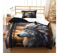 LILIlaobiao Washable Native Americans Bedding Set With Hidden Zipper, Single（135x200cm） Native Americans Duvet Cover with Pillowcases, Soft Microfiber Wolf Quilt Cover for Kids & Adults