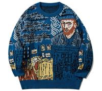 LILILEIDY Mens Long Sleeve Van Gogh Sweater Painting Casual Oversized Tops Knit Pullover Sweaters, Blue, M