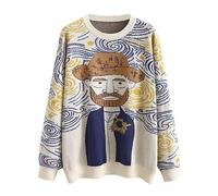 LILILEIDY Women's Long Sleeve Crew Neck Sweatshirt Knit Pullover Casual Van Gogh Cartoon Sweater, Beige, XL