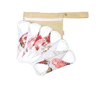Lilind® Organic Cloth Pads, 20cm Regular, 6 Pack Starter Set, Free Zip Wet Bag, Reusable Waterproof Menstrual Sanitary Napkins, 100% Cotton, Red Peonies