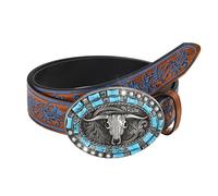 Lilinzhi Antique Western Belt Engraved Cow Head Buckles Adjustable Waist Strap With PU And Embossed Pattern For Western Event Belt For Men