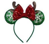 Lilium Kids Christmas Iconic Minnie Mouse Inspired Green Ears Alice Headband With Reindeer Antlers & Big 5" Sequin Bow Handmade Hair Accessory