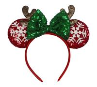 Lilium Kids Christmas Iconic Minnie Mouse Inspired Red Ears Alice Headband With Reindeer Antlers & Big 5" Sequin Bow Handmade Hair Accessory