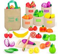 LilKisThk Wooden Play Food Sets for Kids Kitchen, Farmer's Market Color Sorting Set Play Kitchen Accessories Cutting Fruits and Veggies, Grocery Store Pretend Play Toys for Toddlers Boys Girls