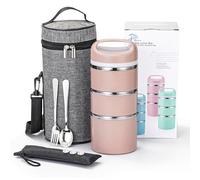 Lille Home 1380ml Stackable Stainless Steel Thermal Compartment Lunch Box, 3-Tier Insulated Bento/Food Container with Upgraded Lunch Bag and Silicone Seals