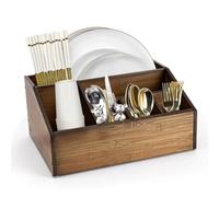 Lille Home 6-Compartment Bamboo Cutlery Caddy, Coffee Bar Accessories Organizer Countertop, Paper Plate Dispenser & Holder for Table, Kitchen Counter, Party, Condiments, Utensil