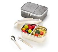 Lille Home 850ml Stainless Steel Leakproof 2-Compartment Bento Lunch Box/Portion Control Food Container with Lunch Bag and Cutlery Set, BPA Free (Beige)