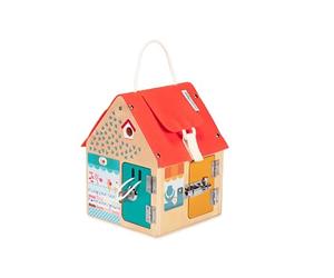 LILLIPUTIENS, Multi-Fastener Wooden Learning House, From 3 Years | Portable House with Cord, 6 Different Fastening Systems, Lock and Key, Wood with Water-Based Paint