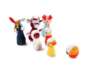 LILLIPUTIENS, My First Farm Skittles Game, From 18 Months | Soft, Colourful Farm-Animal Skittles, Rattle Ball and Storage Bag, For Baby's First Throwing and Aiming Game