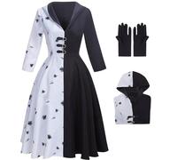 LILLIWEEN Adults Black White Witch Deville Cosplay Costume Dress for Women with Glove Halloween Dalmatian Suit 2XL