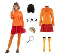 LILLIWEEN Classic Movie Costume Orange Turtleneck Red Skirt Sweater with Knee Socks Halloween Costume for Women