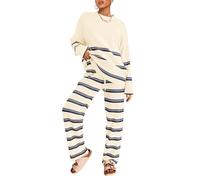 LILLUSORY 2 Piece Outfits for Women 2023 Oversized Fall Lounge Sets Striped Sweaters Cozy Knit Long Sleeve Pullover, Stripes Beige, Small