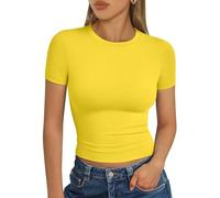 LILLUSORY Crop Tops Short Sleeve T Shirts for Women UK Summer Going Out Basic Slim Fit Tshirts Gym Workout Y2k Capsule Wardrobe Clothes Yellow XL