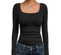 LILLUSORY Long Sleeve Tops Women UK Square Neck Double Lined Basic T Shirts Plain Tight Fitted Lightweight Capsule Wardrobe Clothing Black L