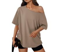 LILLUSORY Oversized T Shirts for Women UK Off the Shoulder Tops Summer Short Sleeve Tshirts Plus Size Fashion Going Out Clothes 2026 Khaki M