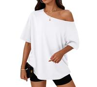 LILLUSORY Oversized T Shirts for Women UK Off the Shoulder Tops Summer Short Sleeve Tshirts Plus Size Fashion Going Out Clothes 2026 White XL