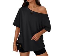 LILLUSORY Oversized T Shirts for Women UK Off the Shoulder Tops Summer Short Sleeve Tshirts Plus Size Fashion Going Out Ladies Mature Clothes 2026 Black M