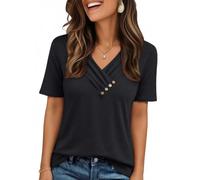 LILLUSORY Summer Tops Women UK V Neck T Shirts Short Sleeve Jumpers Elegant Blouses Oversized Ladies Loose Fit Mature Clothes Fashion Tee Capsule Wardrobe Party Work Smart Clothing Black L