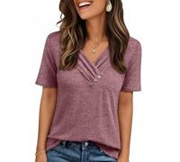 LILLUSORY Summer Tops Women UK V Neck T Shirts Short Sleeve Jumpers Elegant Blouses Oversized Ladies Loose Fit Mature Clothes Fashion Tee Capsule Wardrobe Party Work Smart Clothing Wine XL