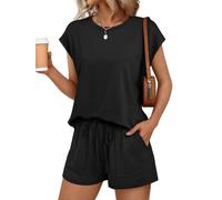 LILLUSORY Summer Vacation 2 Piece Lounge Wear Sets for Women Cap Short Sleeve T Shirts and Shorts Co Ord Outfits with Pocket Dressly Capsule Wardrobe Clothing Airport Travel Tracksuit 2026 Black XL