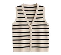 LILLUSORY Summer Vest Tops for Women 2025 Striped Sweater Vests Vacation Button Up Outfits Shirts Blouses Jacket Clothes, Apricot_Black, XS