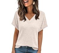 LILLUSORY V Neck T Shirts for Women UK Summer Oversized Tops Loose Fit Ribbed Tshirts Short Sleeve Blouses Fitted Jumpers Ladies Mature Clothes Capsule Wardrobe Clothing Apricot XL
