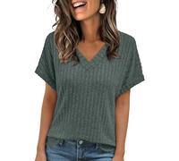 LILLUSORY V Neck T Shirts for Women UK Summer Oversized Tops Loose Fit Ribbed Tshirts Short Sleeve Blouses Fitted Jumpers Ladies Mature Clothes Capsule Wardrobe Clothing Green XXL