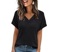 LILLUSORY V Neck T Shirts for Women UK Summer Oversized Tops Loose Fit Ribbed Tshirts Short Sleeve Blouses Fitted Jumpers Ladies Mature Clothes Capsule Wardrobe Clothing Black XL