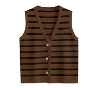 LILLUSORY Vest Tops for Women 2026 Summer Outfits Striped Sweaters Button Up Casual Blouses Jacket Fashion Clothes, Caramel_black, L